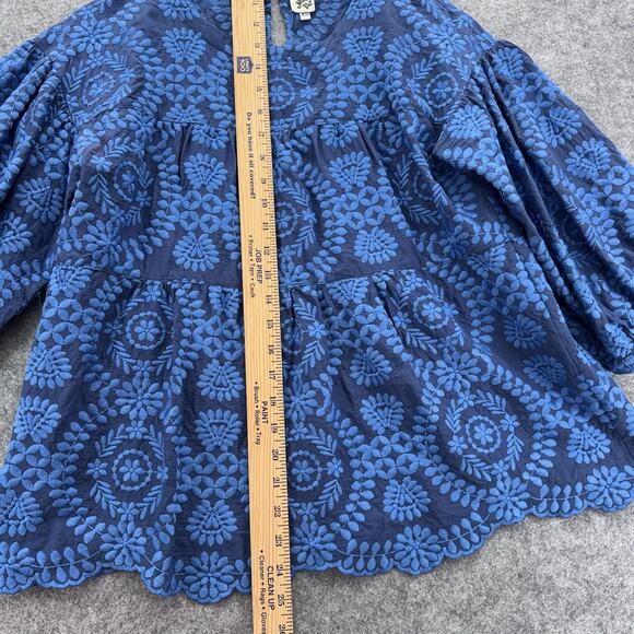 Ivy Jane Embroidered Boho Top Size XS Blue Puff Sleeve Folk Peasant Cottagecore - Picture 8 of 10